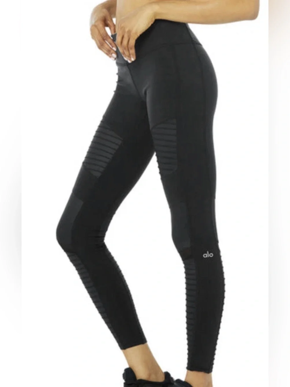 Alo Yoga Faux Leather Black Moto High Rise Mesh Insert Leggings EUC Size Medium